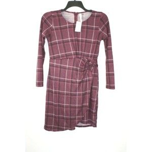 NY Collection Petite Wrap Style Dress Burgundy Plaid Size PS Petite Small